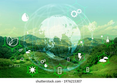 Beautiful landscape view of green mountain and sky environmental technology concept background