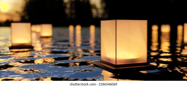 A Beautiful Lantern Floating On The River At Night. Loy Krathong Festival, Chinese Paper Lanterns. 3d Rendering, 3d Illustration