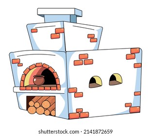 A beautiful large ancient white brick cooking stove with a chimney. Below is wood, a pot on fire. Cartoon picture for kids with a black stroke on a white background.