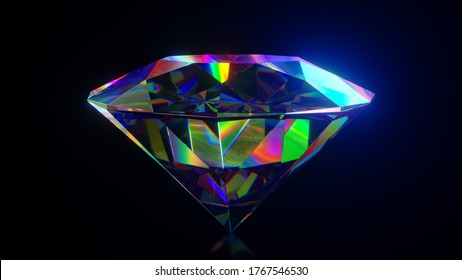 Beautiful large crystal clear rainbow shining round cut diamond, rotates against a black mirror isolated background. Close up side view. 3d illustration