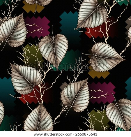 Beautiful leaf seamless pattern with abstract artistic black background . Allover design 