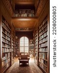 Beautiful library architecture with giant bookshelves, epic interior with large windows, luxury design for architecture lovers. Photo realistic, concept art, cinematic light, illustration
