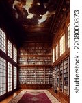 Beautiful library architecture with giant bookshelves, epic interior with large windows, luxury design for architecture lovers. Photo realistic, concept art, cinematic light, illustration