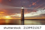 A beautiful lighthouse at sunset with light rays. 3D illustration