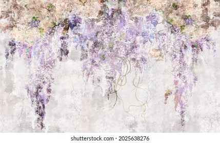 Beautiful lilac branches on the concrete grey vintage wall. Lilac flowers. Blooming lilac. Floral background in loft, modern style. Design for wall mural, card, postcard, wallpaper, photo wallpaper.