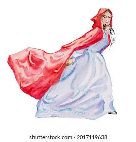 Beautiful Little Red Riding Hood Illustration.Mysterious Fairytale Design. Girl In A Red Cloak Clipart Isolated On White.Book Cover Design.