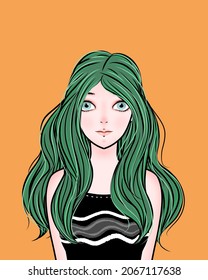 Beautiful Girl​ Character​ With​ Long Green Hair Illustration