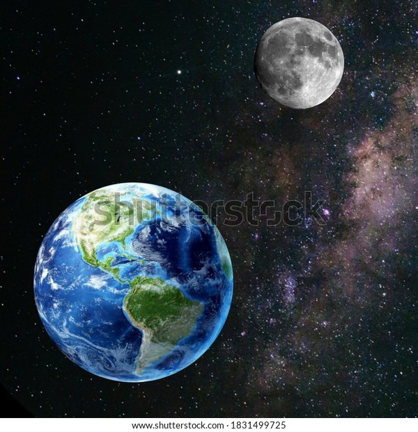 Beautiful look of earth\
with moon in space. Earth and moon in space. 3d view of earth with\
moon in space. \
