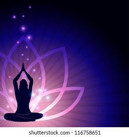 Beautiful lotus flower and woman in yoga pose in the front and sparkling lights. Beautiful harmonic colors. - Powered by Shutterstock