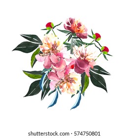 Beautiful lovely nice spring composition of a beige powdery pink peonies on white background watercolor hand sketch 