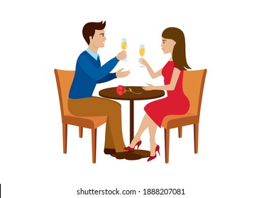 Beautiful loving couple toasting with champagne illustration. Young couple having date in bar, drinking wine and talking icon. Couple in love at the table clip art. Man and woman on a date icon - Powered by Shutterstock