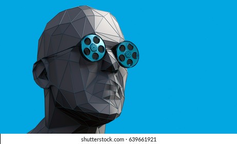 Beautiful Low Poly Man Head Looks A Film In Special Glasses On Blue Background. Movie Review Concept 3d Illustration