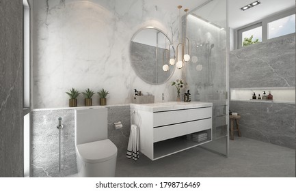 The Beautiful luxury bathroom and restroom mock up interior design and marble tile wall background /3D rendering