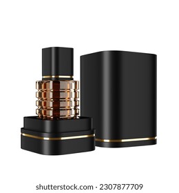 Beautiful luxury perfume  bottle   black box  isolated white background  perfect for presenting 3D rendering box model advertisements 