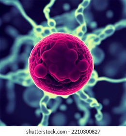 Beautiful Macro Close Up Rendering Of Viral Or Bacterial Infection Or Cancer Cell Spreading - Biological Medical Illustration In Purple And Blue