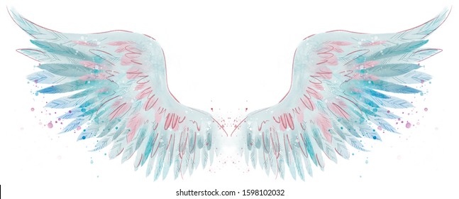 Beautiful Magic Blue Pink Watercolor Angel Wings