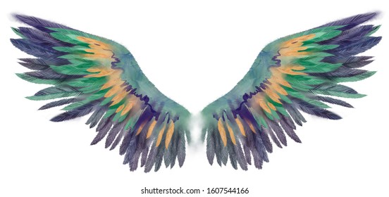Beautiful magic bright blue violet watercolor wings with yellow and green feathers