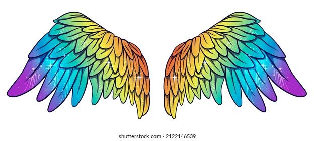 Beautiful magic bright glittery rainbow gradient angel wings  color illustration