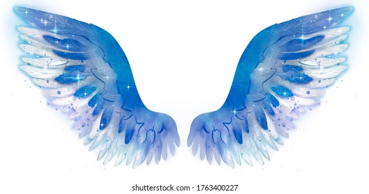 Beautiful magic glittery blue white wings in watercolor style