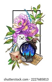 Beautiful magic illustration and owl  peony  witch hat    chrystal ball for poster print