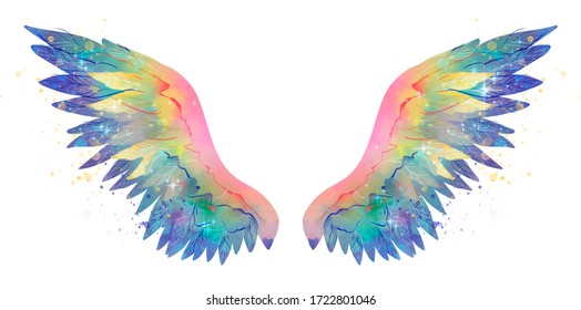 Beautiful magic shiny glittery rainbow wings, watercolor effect