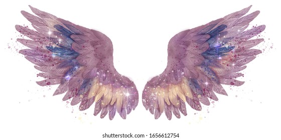 Beautiful magic shiny glittery watercolor lilac wings with blue and yellow feathers