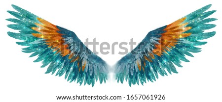 Beautiful magic watercolor glittery green turquoise wings with yellow feathers
