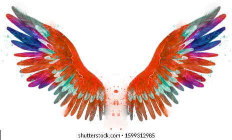 Beautiful Magic Watercolor Phoenix Orange Wings With Blue, Purple And Green Feathers