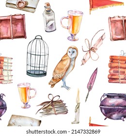 Beautiful magical owl seamless pattern isolated on a white background. Magic fairytale concept. Halloween illustration. Bird cage,books,quill,cauldon,letter artwork for wizard themed fabric,wallpaper.