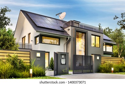 Beautiful modern house with garden and solar panels on the gable roof. 3d rendering