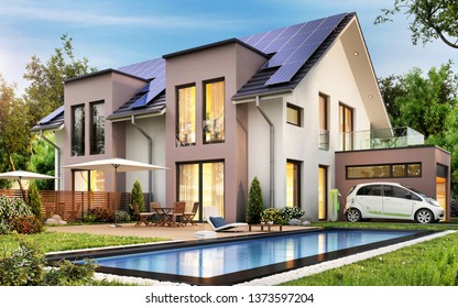 Beautiful Modern House With Solar Panels On The Roof And Swimming Pool. Garage And Electric Car. 3d Rendering