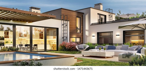 Beautiful modern house with terrace and pool. 3d rendering