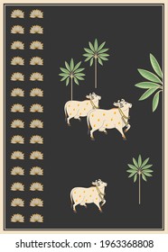 A Beautiful Modern Pichwai Digital Painting of Cow and Lotus. Rajasthani Art Using Dark Background for Interior Wall Decoration.
