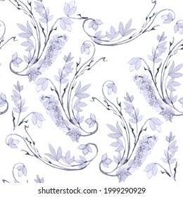 Beautiful module of a seamless pattern. Stylized botany. Coloristic monochrome variation in blue. A pattern of flowering curled shamrock branches.
