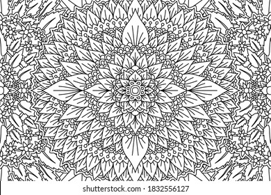 Beautiful Monochrome Linear Rectangle Floral Pattern For Coloring Book Page With Foliage