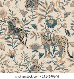 Beautiful monochrome tropical seamless pattern with exotic animals. Leopard and tiger with abstract fantasy flowers and plants. Nature jungle pattern. Vintage classic style.