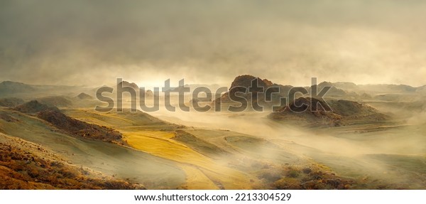 Beautiful mountain landscape. Panorama of silhouettes of mountains in the fog. Picturesque 3D illustration for backgrounds, wallpapers, photo wallpapers, murals, posters.