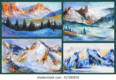 Beautiful mountains. Different mountainous landscapes set. Painting, pictorial art