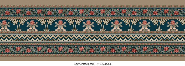 Beautiful Mughal Border Blue And Beige Colour For Textile Prints Suits And Sarees 