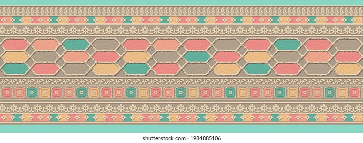 Beautiful Mughal Multicoloured Border With Cyan Colour For Sarees And Suits Textile Prints 