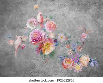 Beautiful multi-colored flowers and birds on concrete wall for loft, modern and classical interior. Parrots on grey background. Illustration for wallpaper, photo wallpaper, mural.