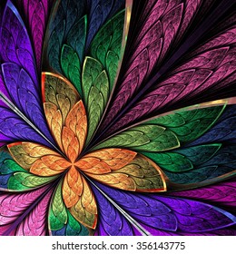 Beautiful Multicolored Fractal Flower Or Butterfly In Stained Glass Window Style. You Can Use It For Invitations, Notebook Covers, Phone Case, Postcards, Cards And So On. Computer Generated Graphics.