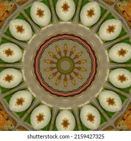 Beautiful Multicolored Kaleidoscope Texture. Kaleidoscope Design Pattern Like Food. Flower Shaped Kaleidoscope Background.