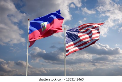 Beautiful national state flags of Haiti and USA together at the sky background. 3D artwork concept. 