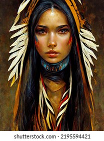 Beautiful Native American Girl Warrior With Long Silk Hair Portrait Indian Pocahontas Sacagawea