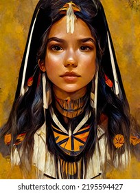 Beautiful Native American Girl Warrior With Long Silk Hair Portrait Indian Pocahontas Sacagawea