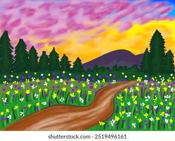 Beautiful natural views of mountains, trees, flower gardens and sky. Illustrative image for book cover. - Powered by Shutterstock