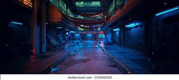 Beautiful neon night in a cyberpunk city. Photorealistic 3d illustration of the futuristic city. Empty street with blue neon lights.