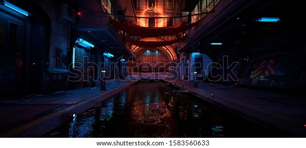 ネオンの美しい夜がサイバーパンクの街にある 未来的な都市の写真に写実的な3dイラスト 空の通りと青いネオンライトが水に反射している のイラスト素材