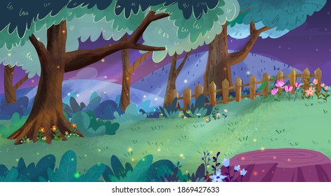 Beautiful Night With Fireflies In Forest Illustration, Cartoon, Texture Background